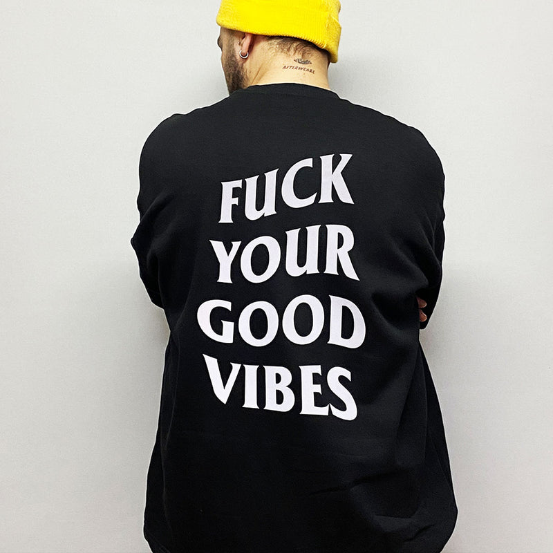 RELAXED FIT BLACK SWEATSHIRT 'FUCK YOUR GOOD VIBES' REFLECTIVE