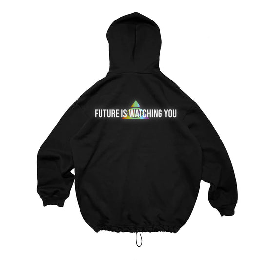 BLACK OVERSIZE HOODIE 'FUTURE IS WATCHING YOU' RAINBOW REFLECTIVE