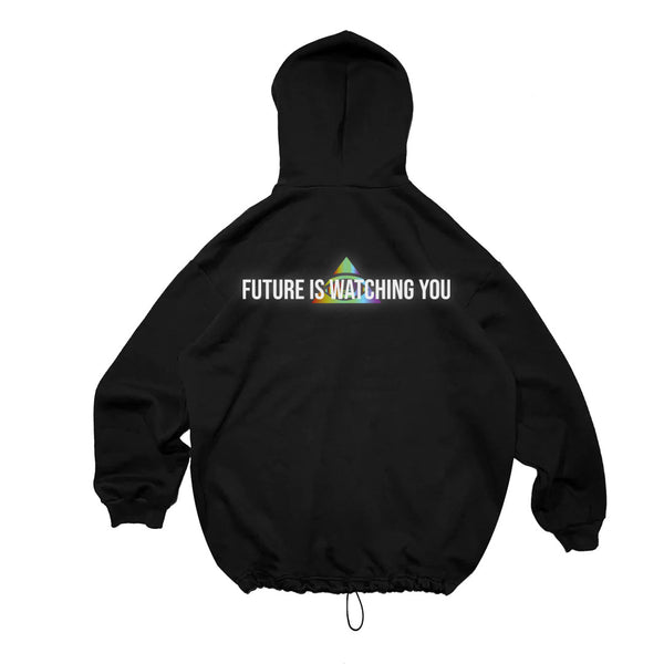 OVERSIZE BLACK HOODIE 'FUTURE IS WATCHING YOU' -HOLOGRAM-