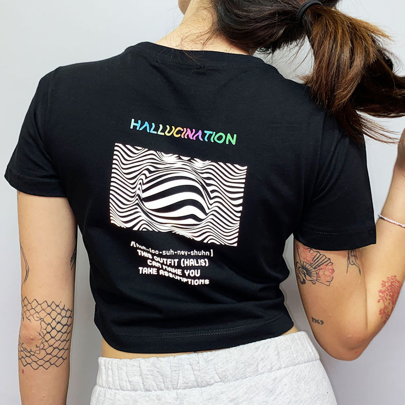BLACK CROP T-SHIRT 'HALLUCINATION' REFLECTIVE