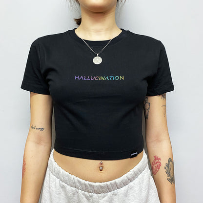 Siyah Crop Tişört 'HALLUCINATION' - Reflective Black Crop T-shirt