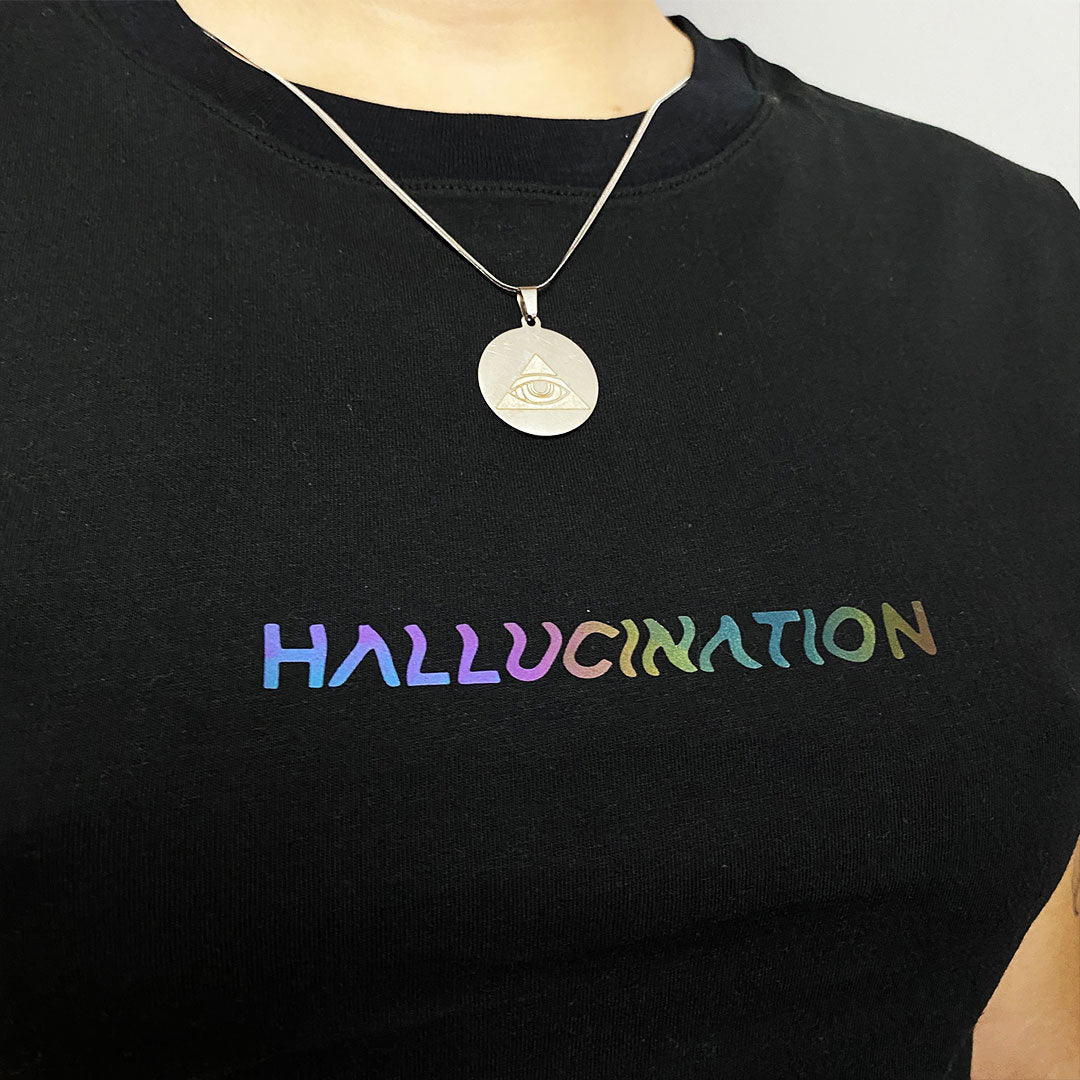 Siyah Crop Tişört 'HALLUCINATION' - Reflective Black Crop T-shirt