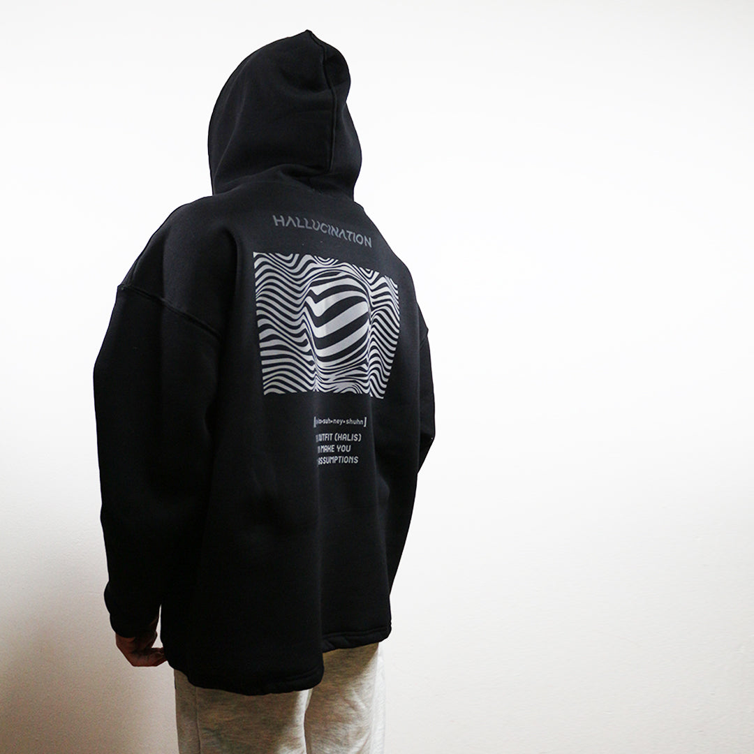 oversize siyah apusonlu hoodie, reflektör baskılı, techno parti sweatshirt