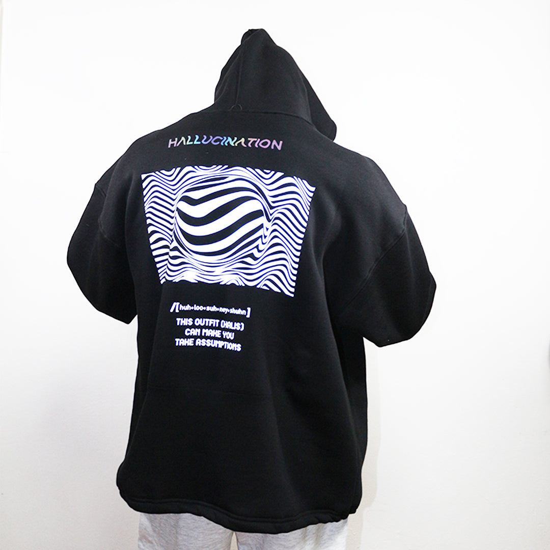 oversize siyah apusonlu hoodie, reflektör baskılı, techno parti sweatshirt