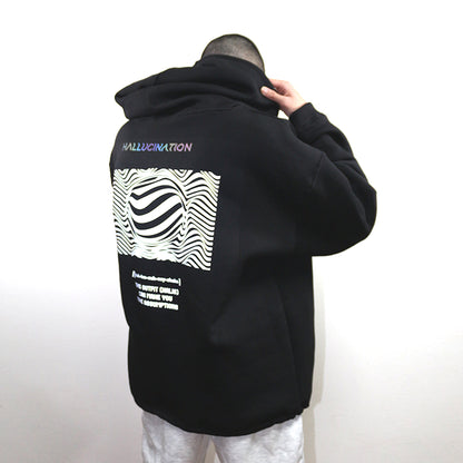 oversize siyah apusonlu hoodie, reflektör baskılı, techno parti sweatshirt