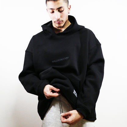 oversize siyah apusonlu hoodie, reflektör baskılı, techno parti sweatshirt