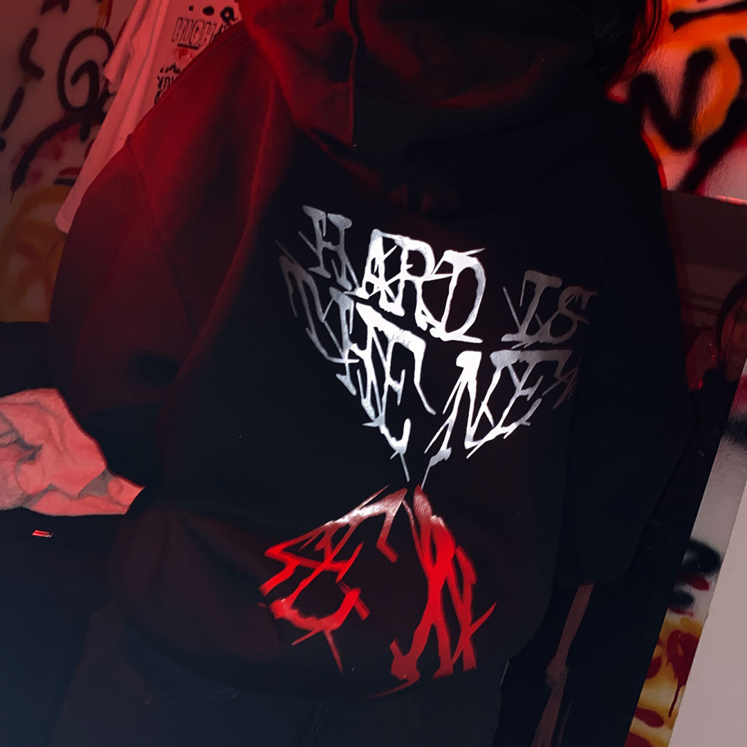 BLACK OVERSIZE HOODIE 'HARD IS THE NEW SEXY' -MERCURY SILVER-