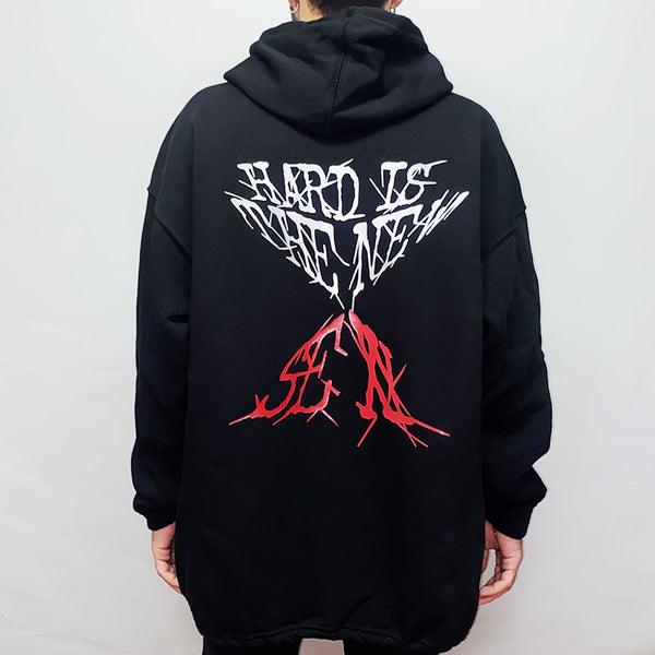 OVERSIZE BLACK HOODIE 'HARD IS THE NEW SEXY' -MERCURY SILVER-