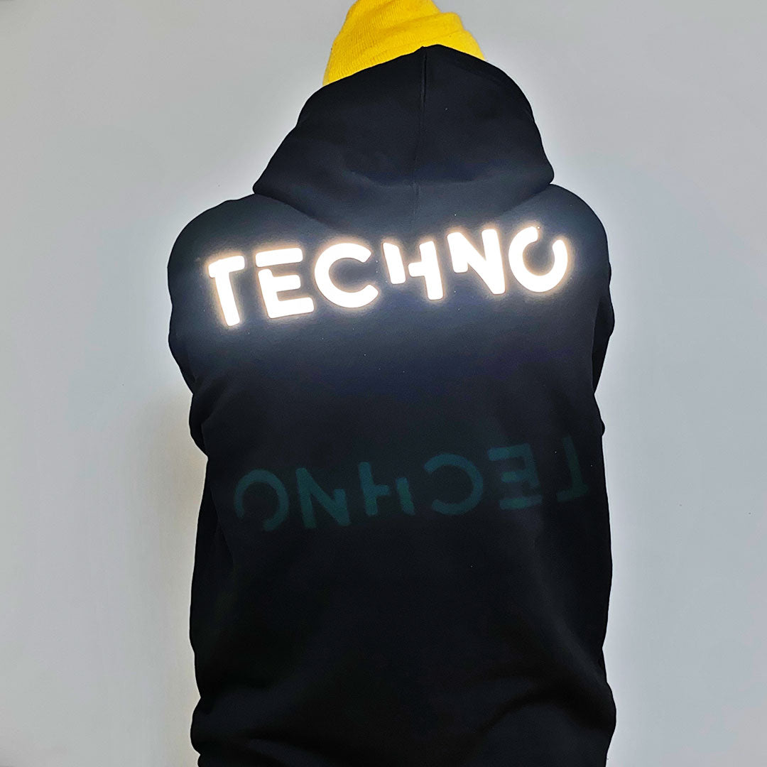 BLACK OVERSIZE HOODIE 'TECHNO IS BACK' REFLECTIVE