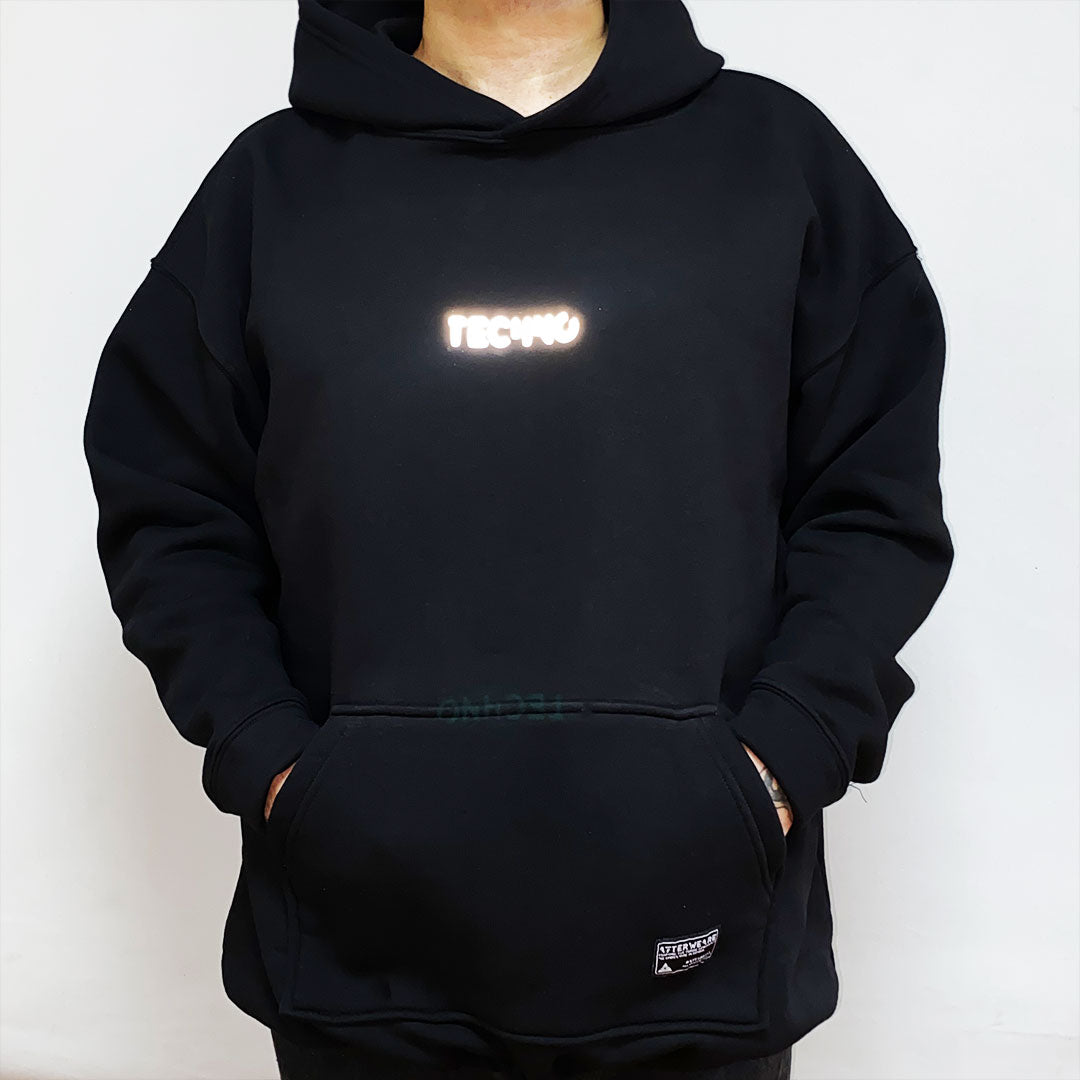 BLACK OVERSIZE HOODIE 'TECHNO IS BACK' REFLECTIVE