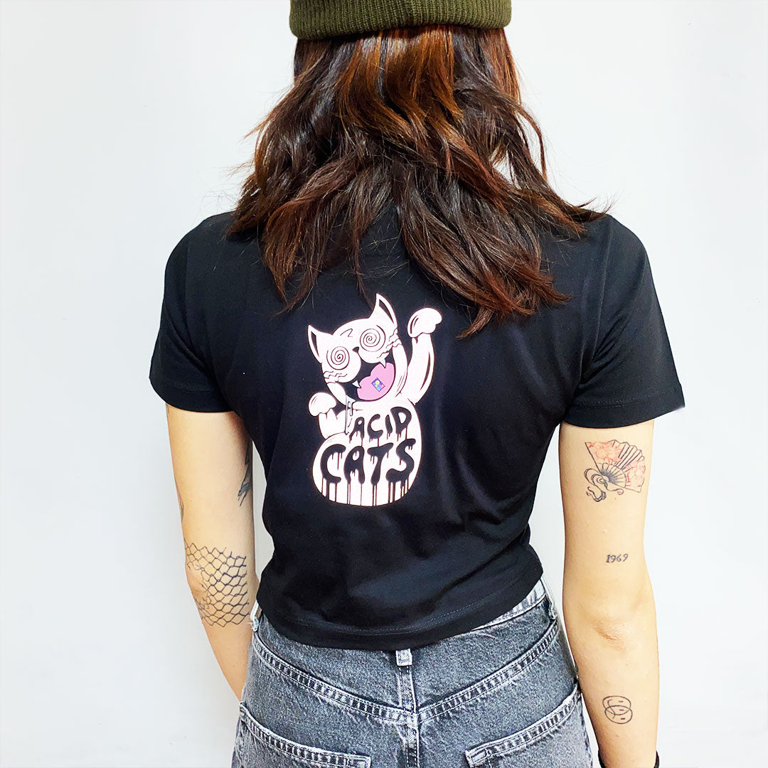 Siyah Crop Tişört 'ACID CATS' Reflective - Black Crop T-shirt