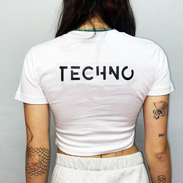 WHITE CROP T-SHIRT 'TECHNO IS BACK'