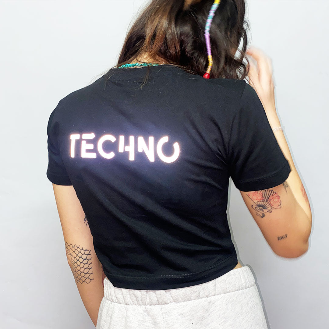 Siyah Crop Tişört - TECHNO IS BACK | Reflective Black Crop T-shirt