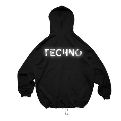 BLACK OVERSIZE HOODIE 'TECHNO IS BACK' REFLECTIVE